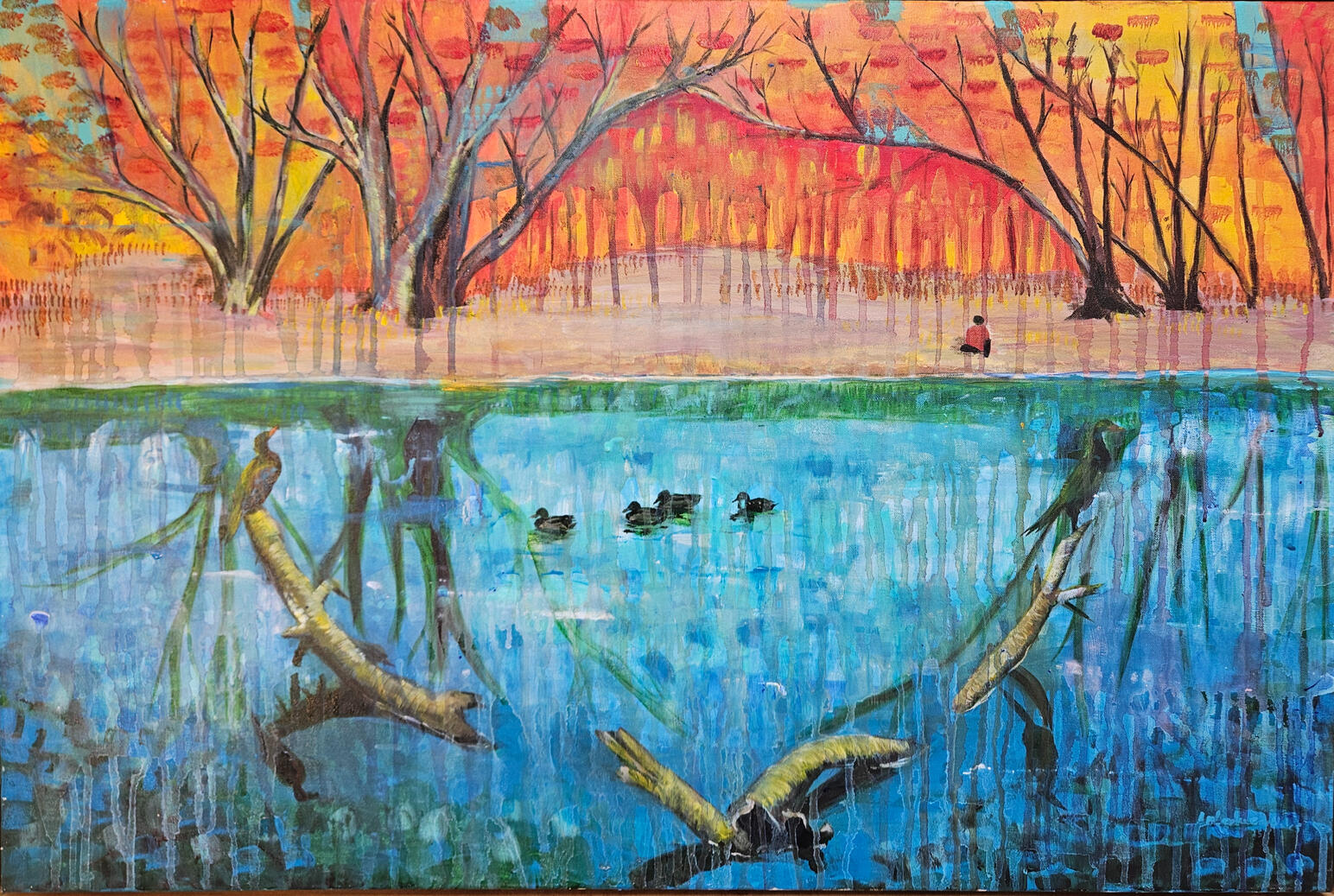 Water Flow landscape scene of autum trees next to a lake with ducks in it. done in a surreal art style.